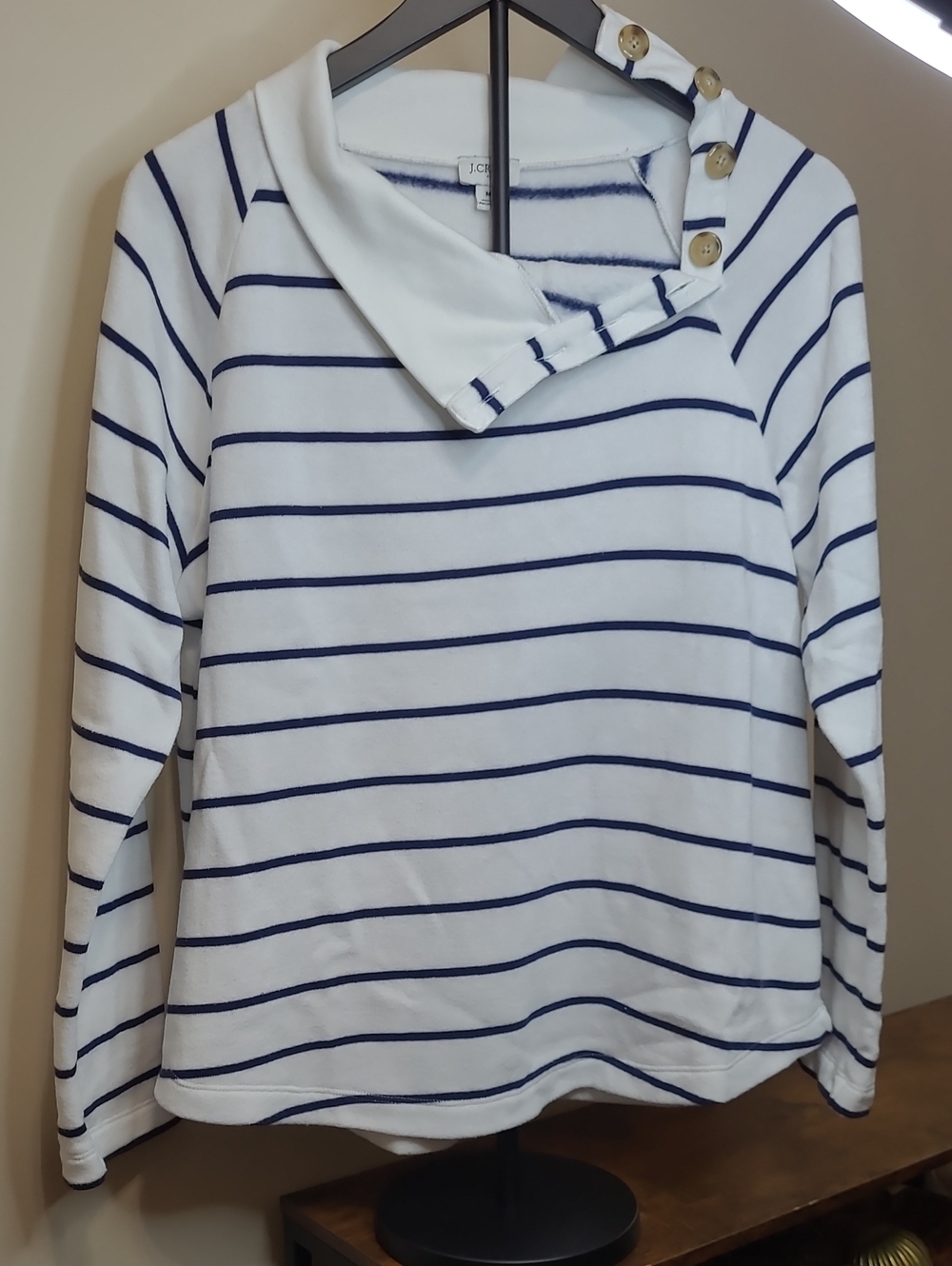 J. Crew Factory White & Navy Blue Striped Fleece Lined Pullover size Medium